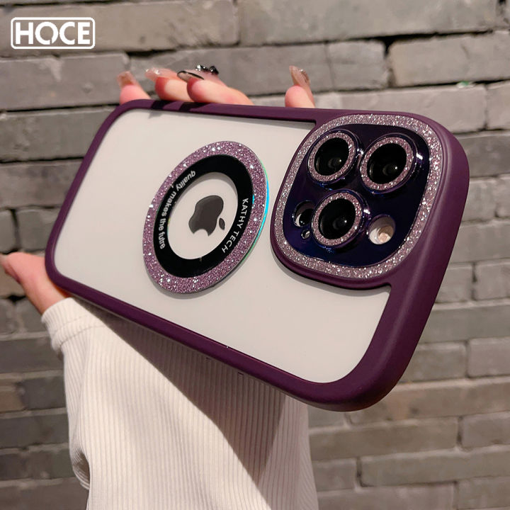 HOCE Glitter Clear Logo Hole Magnetic Phone Cases For iPhone 13 14 Pro Max 14 13 MagSafe Case With Lens Film Protector Gradient Soft Bumper Hard Back Cover