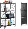 Foldable 4-Tier Kitchen Storage Rack with Wheels – Heavy-Duty Metal Utility Shelf for Microwave, Appliances & Pantry. 