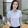2024 Spring Summer New Short Sleeves Women's White Shirt v Collar Business Clothing Long Sleeve Blue Shirt Korean Style Work Clothes. 
