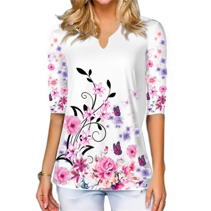 Women%20O-Neck,%20Half%20Sleeve%20Summer%20Graphic%20Tee%20Polyester%20T-Shirt%20Elegant%20Casual%20Loose%20Fit%20Office%20Wear%20Ribbed%20Fashion%20Tee%20Shirt%20Blouse%20Ladies%20Simple%20Tops%20Colors%20In%20White%20Mixed%20Color%20Flower%20Butterfly%20Design%20S,%20M,%20L%20Xl%20Size%20-%20Image%202