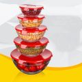 Red Glass Bowl Sets with Lids 5 Pcs Microwave Glass bowl Set Kitchen Glass Ware set Spice Organizers. 