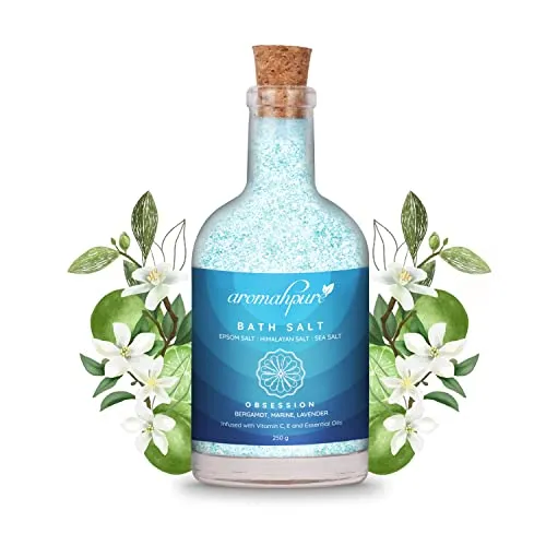 Aromahpure 100% Natural Bath Salt with Essential Oils (Mix of Epsom Salt, Himalayan Salt, and Sea Salt, Vitamin C & E) for Body & Foot Spa, Relaxing Aromatherapy - Obsession Fragrance (Bergamot, Marine, Lavender) to Relax Mind and Body (250gm)(FROM INDIA)
