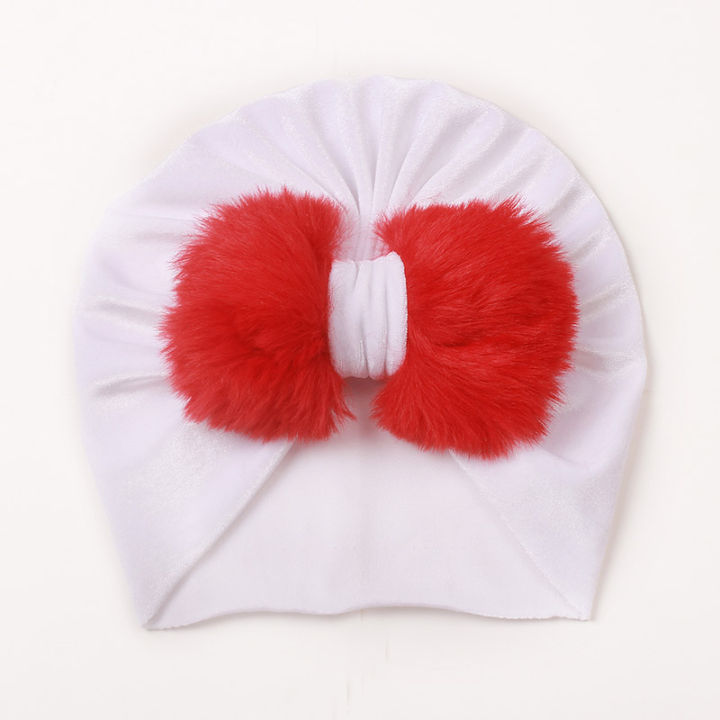 【Dream Sailing Store 】0-3Y Newborn Turban Hat Solid Elastic Bowknot Beanie Soft Warm Velvet Bow Toddler Turban Kid Cap Accessories