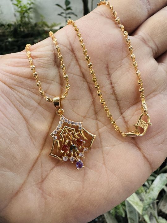 Gold%20plated%202%20mm%2018/24%20Inch's%20KERALI%20chain%20with%20Spider%20design%20multi%20stone%20Pendant%20for%20women%20and%20Girl%20-%20Image%205