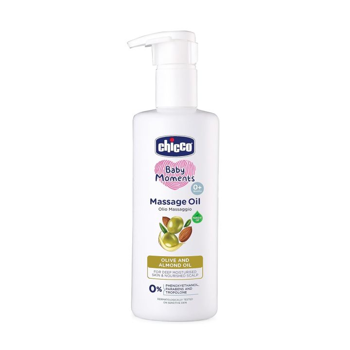 Chicco Baby Moments Massage Oil, Olive and Almond Oil, 300ml | Non-sticky Formula | Natural Ingredients for Moisturised Skin, Nourished Hair & Scalp | Parabens & Phenoxyethanol Free  (FROM INDIA)