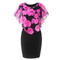 【WEJA】qie® Plus Size Elegant Office Lady Rose Flower Print Cape Bodycon Knee Length Dress. 