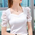 Yfashion Women Cotton Blouse Ice Silk V Neck Plus Size Shirt Loose Fashion Casual Puff Short Sleeve Pullover Tops color. 