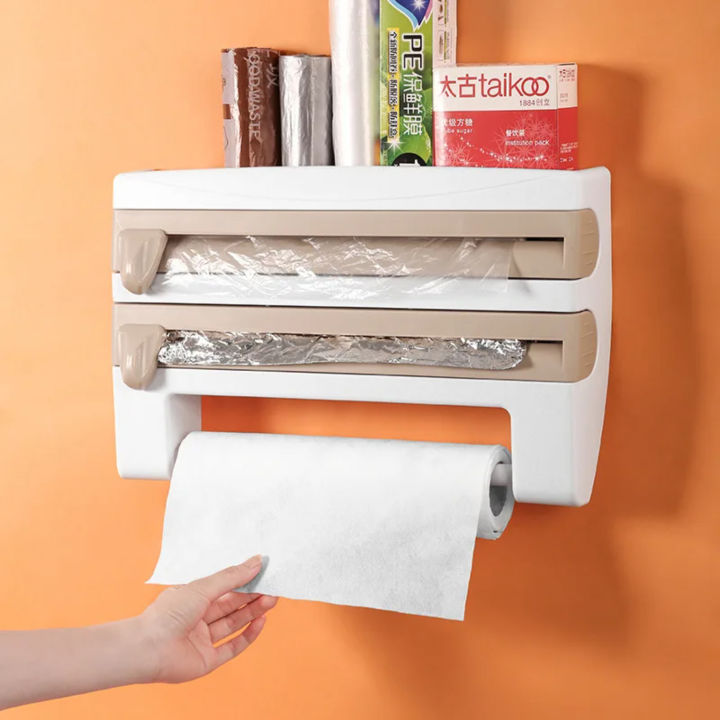 Foil In Racking 4 in 1 Wall-Mounted Kitchen Cling Film Tin Foil Storage Rack Organizer ...