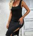 Cuelo Ribbed Square Neck Sleeveless Bodycon Dress – Elegant Short Fit. 