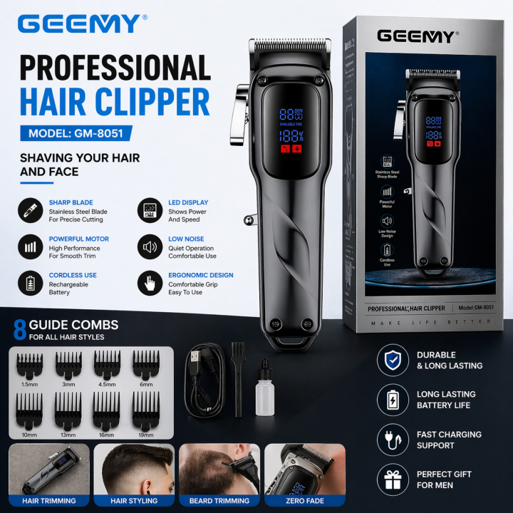 Geemy GM-8051 Professional Hair & Beard Clipper with Digital Display | Rechargeable USB Trimmer | Stainless Steel Blade | Cordless Hair Cutting Machine