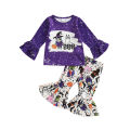 Toddler Girl Halloween Outfits, Cartoon Pattern Long Sleeve Ruffles Decor T-Shirt + Elastic Waist Flare Long Pants Set. 