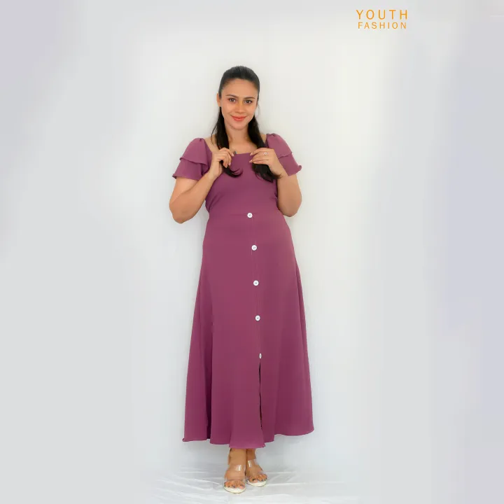 Double Sleeve Front Button Women Plain Frock