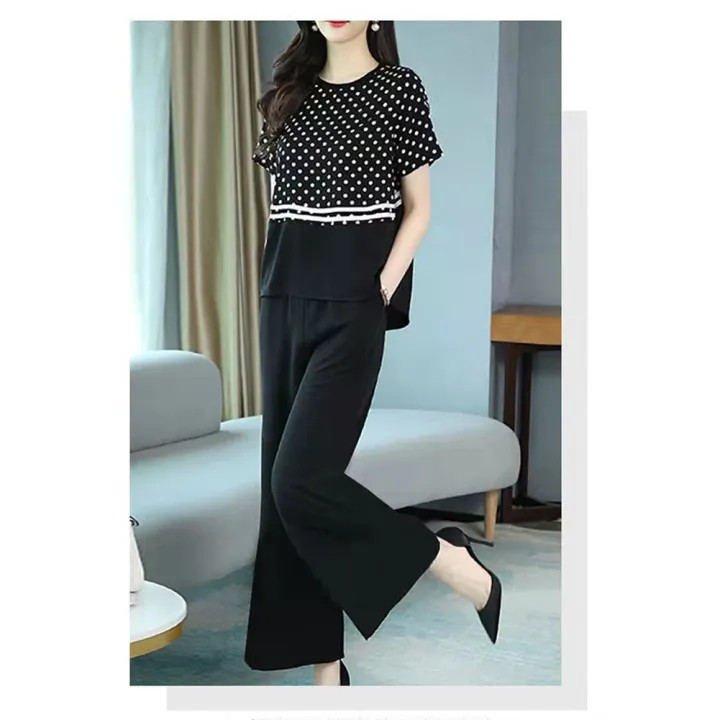Yfashion%202%20Pcs%20Women%20Outfits%20Polka%20Dot%20Printing%20Stitching%20Short%20Sleeve%20T-shirt%20Long%20Wide%20Leg%20Pants%20Fashion%20Casual%20Sportswear%20Suit%20%5Cu989c%5Cu8272%20-%20Image%205