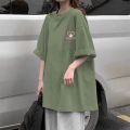 2023Summer New Green Short SleeveTT-shirt Women's Korean-Style Loose All-Match Mid-Length Oversized Half-Sleeve Topins-. 