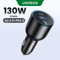 UGREEN 130W USB C Car Charger 3-Port PD 100W PD3.0/QC4.0/PPS Fast Car Charger Adapter for iPhone 14/13/12, Galaxy S22/S22 Ultra/S21/Note20, iPad, Tablet, Laptop. 