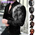 Comfo ble Fabric Shirt Men's 3d Animal Print Stand Collar Business Shirt Slim Fit Breathable Mid Length Top Men Shirt. 