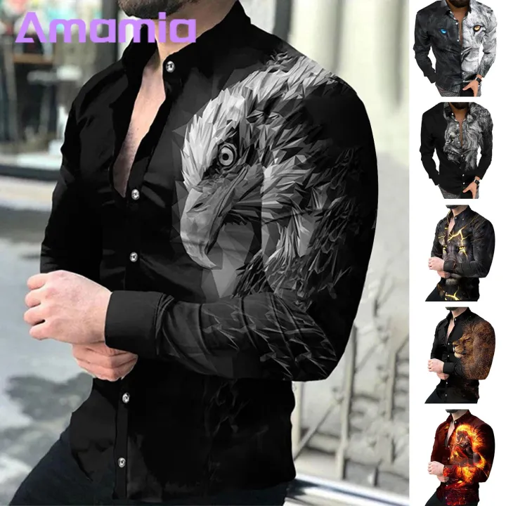 Comfo ble Fabric Shirt Men's 3d Animal Print Stand Collar Business Shirt Slim Fit Breathable Mid Length Top Men Shirt