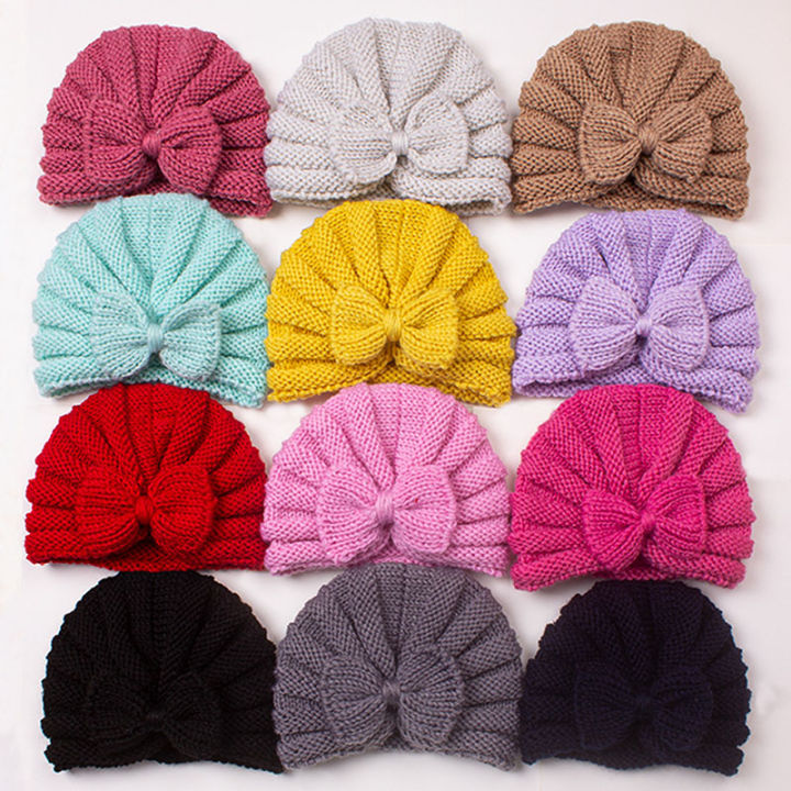 Baby Bow Hat Autumn Winter Knitted Baby Girl Beanie Elastic Kids Turban Hat Solid Color Infant Bonnet Newborn Cap
