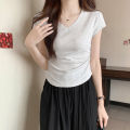 Short SleeveTWomen's T-shirtVCollar Shoulder2023Summer Pure Cotton Slim-Fit Design Sense Niche Skinny Short Hot Girl Top. 