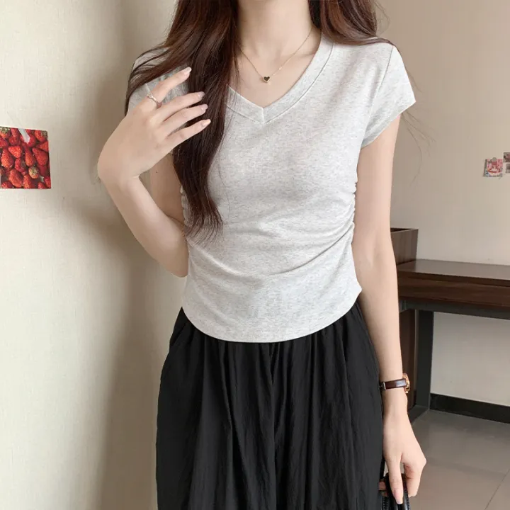 Short%20SleeveTWomen's%20T-shirtVCollar%20Shoulder2023Summer%20Pure%20Cotton%20Slim-Fit%20Design%20Sense%20Niche%20Skinny%20Short%20Hot%20Girl%20Top%20-%20Image%203