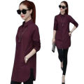 Yfashion Women Cotton Shirt Solid Color Lapel Long Sleeve Slim Fit Top Mid-length Cardigan T-shirt color. 