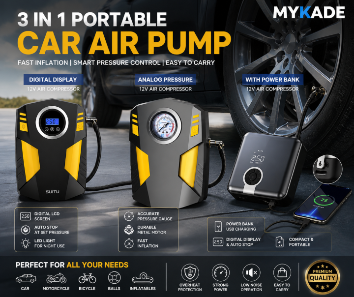 12V Digital Tire Air Compressor Pump – Portable Car Bike Motorcycle ...
