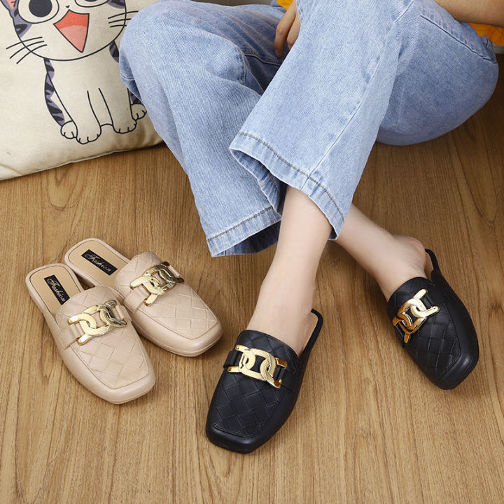 Half-Pack%20Slippers%20Women's%20Summer%20Square%20Toe%20Metal%20Chain%20Low%20Heel%20Lazy%20Mother%20Toe%20Cap%20Slippers%20Women's%20Hole%20Shoes%20Student%20Outer%20Wear%20-%20Image%206