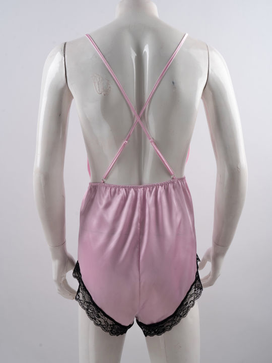 Mens%20Male%20Lace%20Silk%20Satin%20V-neck%20Pajamas%20Jumpsuit%20Adjustable%20Spaghetti%20Strap%20Nighties%20Lace%20Trimmed%20Sleepwear%20Nightwear%20-%20Image%204