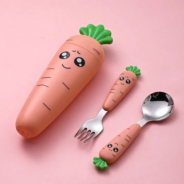 Cartoon spoon Baby rice spoon cute short spoon Fork Child cutlery set Stainless steel baby learn to eat cutlery Baby plate set