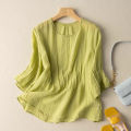 Women Cotton Cotton Linen Shirt Summer Breathable Half Sleeves Tops Round Neck Pullover Solid Color Blouse. 