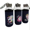 Transparent Glass Unicorn Water Bottle With Blue Sleeve Cover 300 ml. 