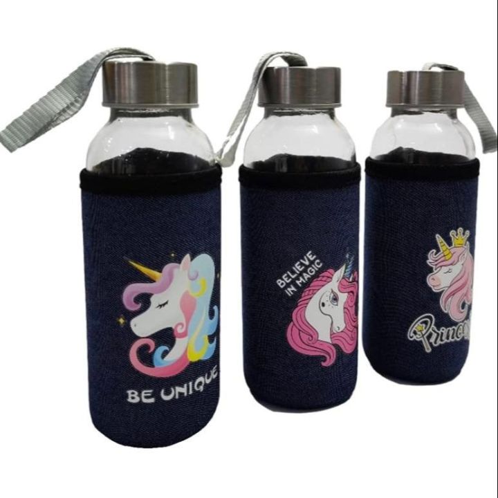 Transparent Glass Unicorn Water Bottle With Blue Sleeve Cover 300 ml