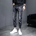 Summer Thin Jeans Men's Fashion Ripped Slim Fit Cropped Skinny Pants Men's Korean Stretch Casual Long Pants. 