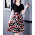 Women Cotton V Neck High Waist Midi Skirt Sweet Floral Printing Dress Summer Short Sleeves Fake Two Piece A-line Skirt. 