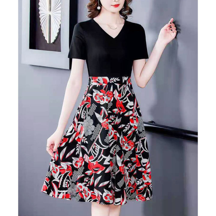 Women%20Cotton%20V%20Neck%20High%20Waist%20Midi%20Skirt%20Sweet%20Floral%20Printing%20Dress%20Summer%20Short%20Sleeves%20Fake%20Two%20Piece%20A-line%20Skirt%20-%20Image%204