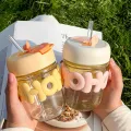 Annil Cute Pastel Color Water Cup with Straw Thick Glass Bottle for Hot and Cold Drinks 350ml. 