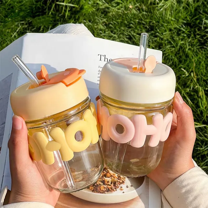 Annil Cute Pastel Color Water Cup with Straw Thick Glass Bottle for Hot and Cold Drinks 350ml