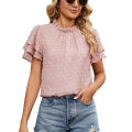 Yfashion Women Short Sleeves T-shirt Elegant Double-layer Jacquard Crew Neck Blouse Simple Solid Color Chiffon Tops. 