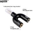 Gold Plated 3.5mm u Shape Jack Stereo Splitter Headset Adapter for Audio Headphone and Microphone - Black. 