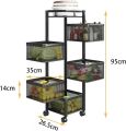 5 Layer Fruit Vegetable Storage Basket, Multi-Layer Square Rotating Kitchen Storage Shelf, Rotatable Kitchen Storage Rack Trolley with Wheels. 