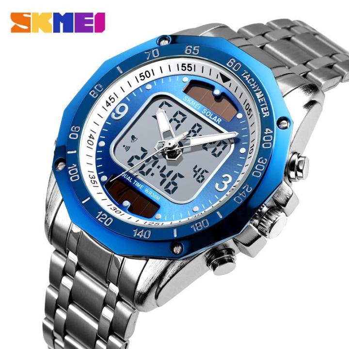 SKMEI Fashion Mens Watch Stainless Steel Solar Watches , Chrono 1493 Dual Display Waterproof Business Wristwatch