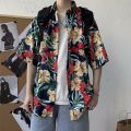 Hong kong style retro ulzzang Short Sleeve Printed Shirt Men's Harajuku Style Loose ins Shirt Beach Couple Sun-Protective Clothing Tide. 