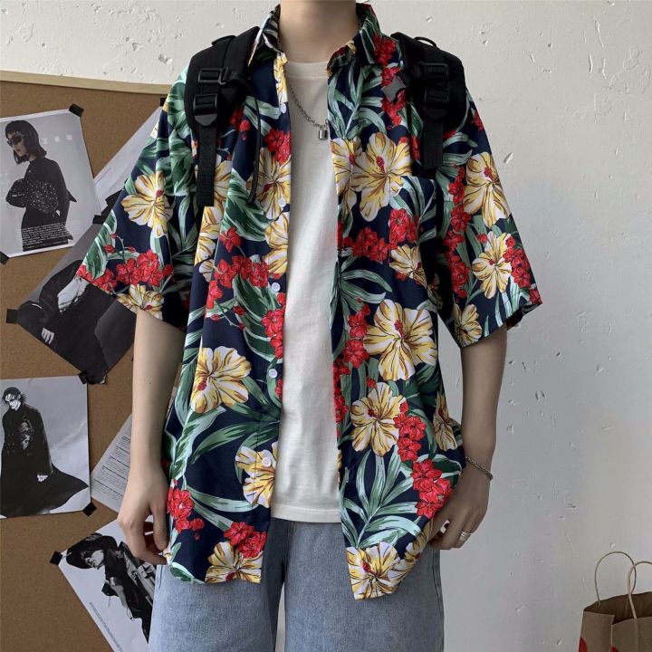 Hong%20kong%20style%20retro%20ulzzang%20Short%20Sleeve%20Printed%20Shirt%20Men's%20Harajuku%20Style%20Loose%20ins%20Shirt%20Beach%20Couple%20Sun-Protective%20Clothing%20Tide%20-%20Image%208