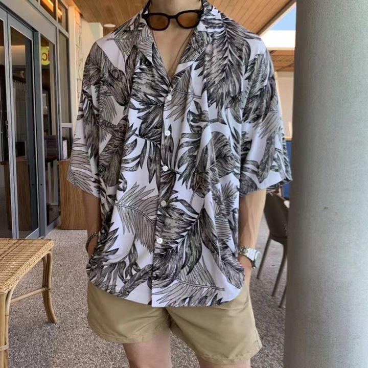 Hawaiian Shirt Men's Large Size Summer Thin Fat Man Retro Short Sleeve Pu Shuai Japanese Style Flower Shirt Beach Idle Style