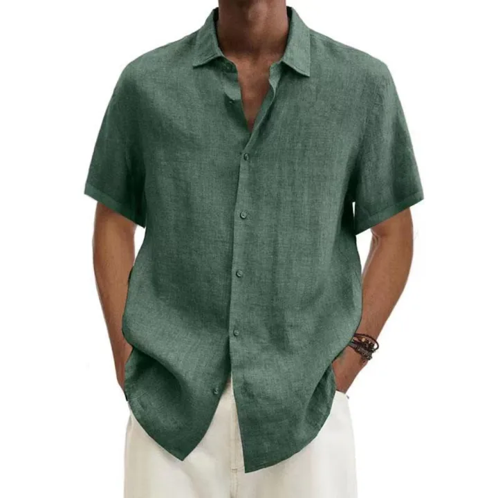 Yfashion%20Men%20Summer%20Large%20Size%20Cotton%20Linen%20T-shirt%20Trendy%20Solid%20Color%20V-neck%20Tops%20Lapel%20Short%20Sleeves%20Loose%20Casual%20Shirt%20color%20-%20Image%203
