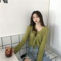 Spring and Summer New Hollow Sweater v Collar Short Loose Women's Long Sleeve Net Hole Top Drawstring Blouse Thin Sweater Women. 