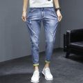 Summer Thin Jeans Men's Fashion Ripped Slim Fit Cropped Skinny Pants Men's Korean Stretch Casual Long Pants. 