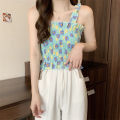 bellylady Women Cotton Ruffled Tank Top Summer Sweet Floral Printing Slim Fit Vest Trendy Casual Backless Sleeveless Tops. 