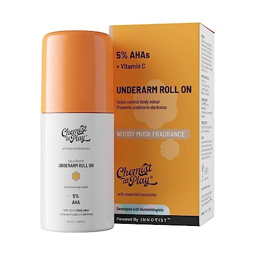 Chemist at Play UnderArm Roll-On with 5% AHA, Lactic Acid & 1% Mandelic Acid | Prevents Body Odour, Brightens Skin & Exfoliates Underarm | For Sensitive Skin | Woody Musk Fragrance | Alcohol Free-40ml (FROM INDIA SAB)