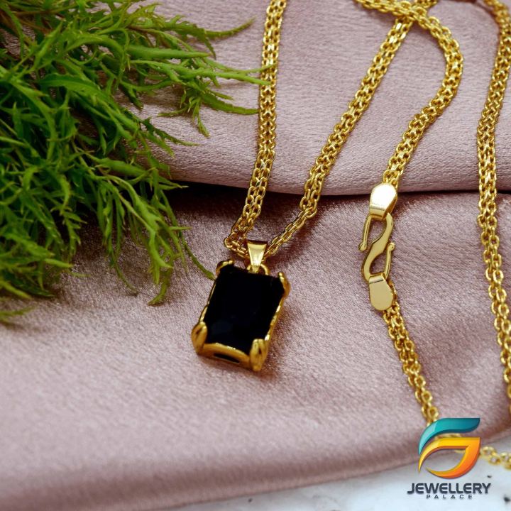 Gold%20Plated%20Chain%20With%20Pendant%2018/24%20inch%2002MM%20Bismark%20Chain%20with%20Black%20Stone%20Pendant%20Necklace%20for%20Ladies%20&%20Girl%20-%20Image%202